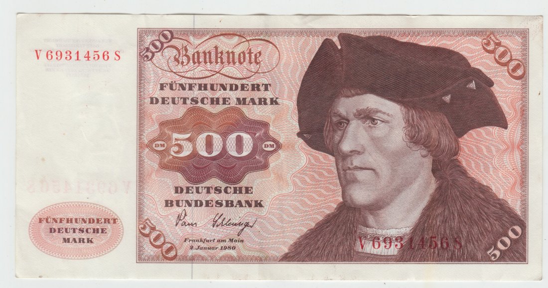  Ro. 290 a, 500 Deutsche Mark vom 02.01.1980, V6931456S, leicht gebrauchte Erhaltung II   