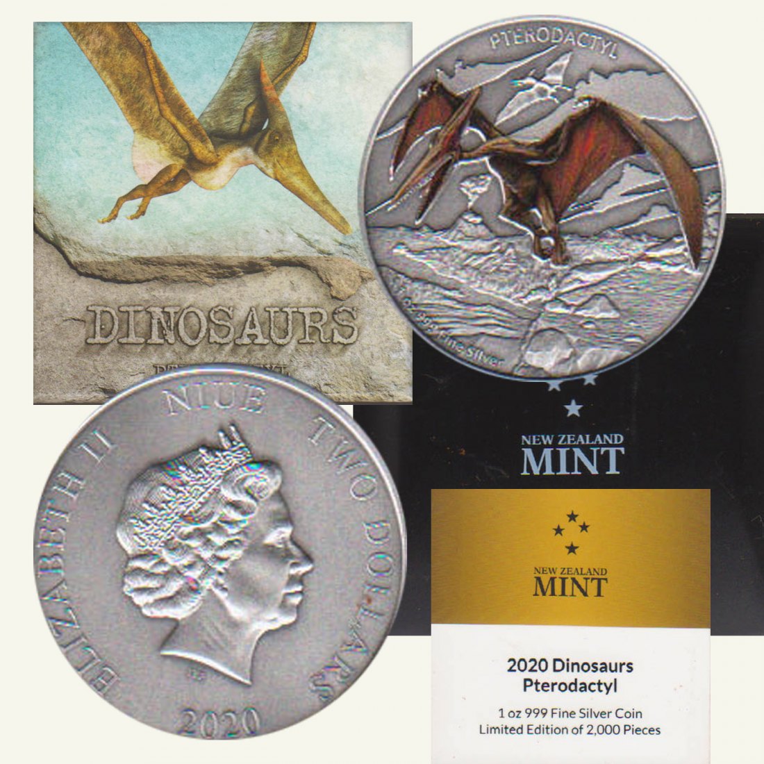  Niue 2$ Silbermünze *Pterodactylus* 2020 1oz Silber in Antik Finisch coloriert nur 2.000St!   