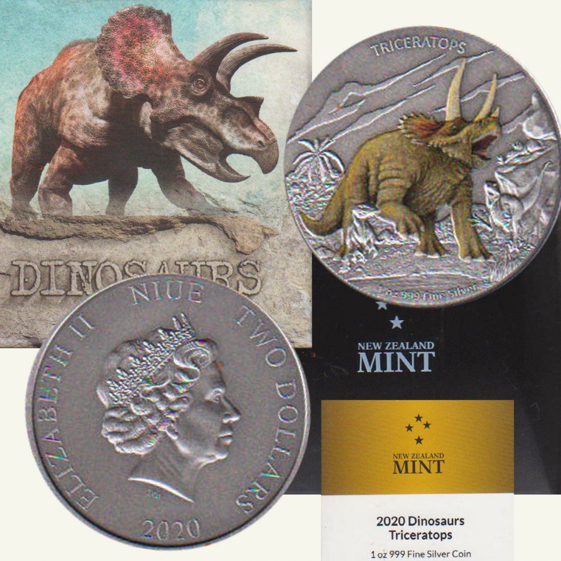 Niue 2$ Silbermünze *Triceratops* 2020 1oz Silber in Antik Finisch coloriert nur 2.000St!   
