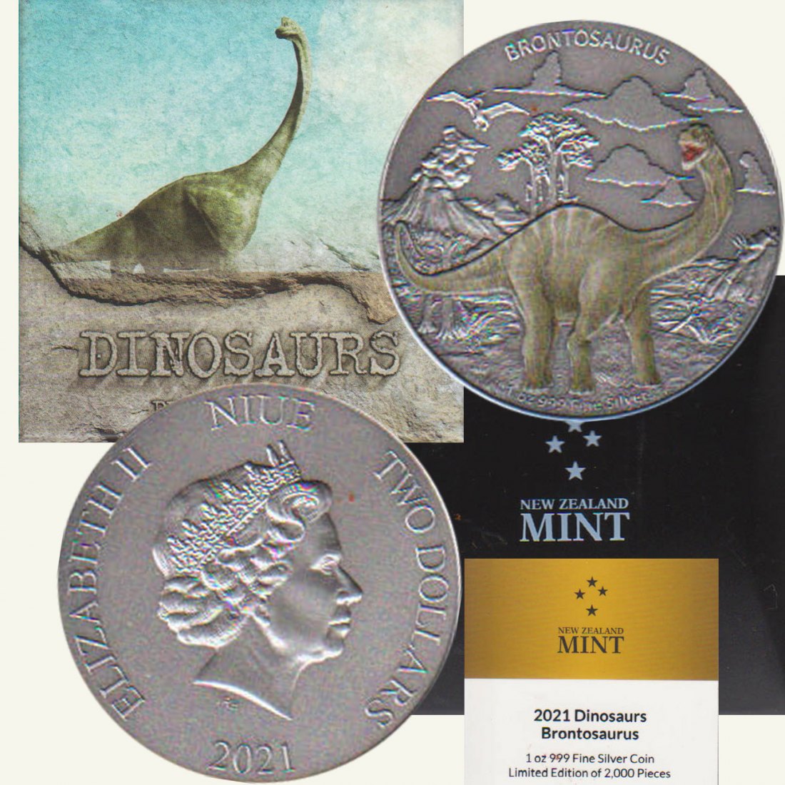  Niue 2$ Silbermünze *Brontosaurus* 2021 1oz Silber in Antik Finisch coloriert nur 2.000St!   