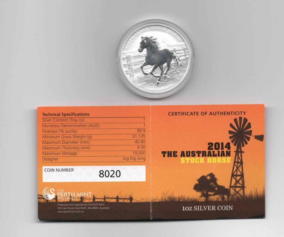  Australien, 1 Dollar 2014, Australian Stock Horse, nur 10000 Stück, 1 unze oz 999 Silber   