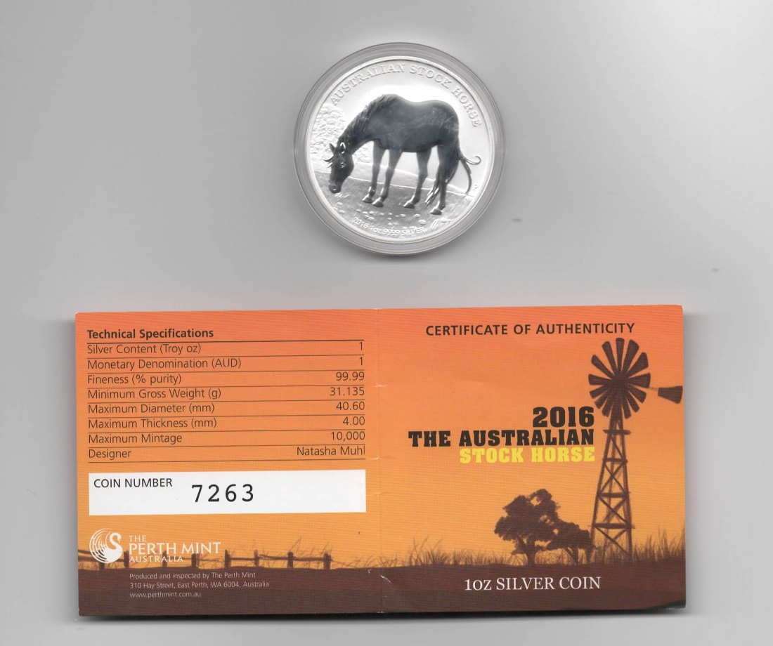  Australien, 1 Dollar 2016, Australian Stock Horse, nur 10000 Stück, 1 unze oz 999 Silber   