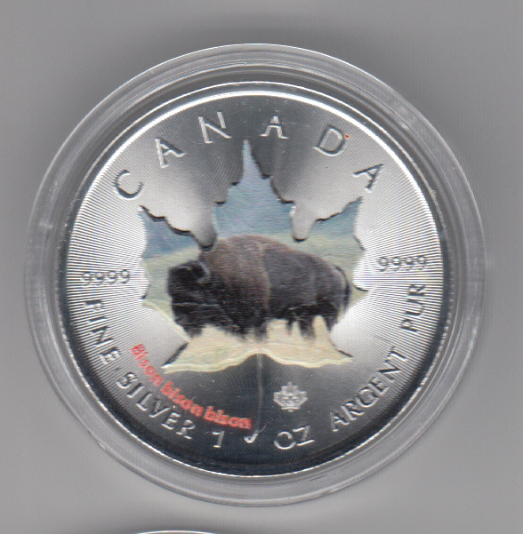  Kanada, Maple Leaf Wildlife 2014, 5 Dollar Bison, Color, Farbe, 1 unze oz Silber   