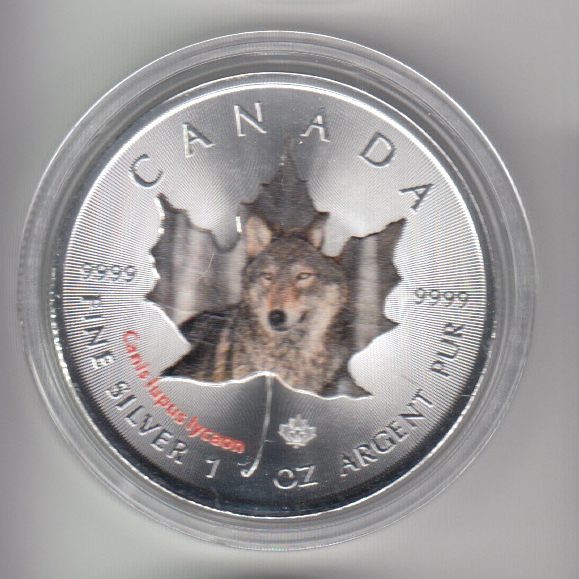  Kanada, Maple Leaf Wildlife 2014, 5 Dollar Wolf, Color, Farbe, 1 unze oz Silber   