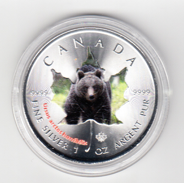  Kanada, Maple Leaf Wildlife 2014, 5 Dollar Grizzly, Color, Farbe, 1 unze oz Silber   