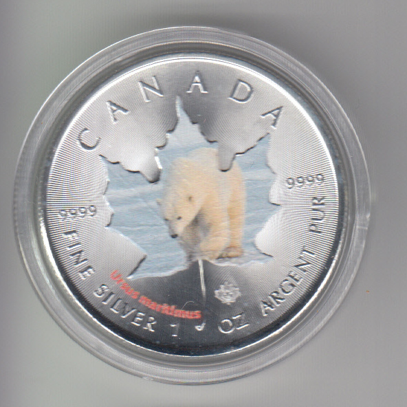  Kanada, Maple Leaf Wildlife 2014, 5 Dollar Eisbär, Color, Farbe, 1 unze oz Silber   