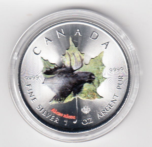  Kanada, Maple Leaf Wildlife 2014, 5 Dollar Elch, Color, Farbe, 1 unze oz Silber   