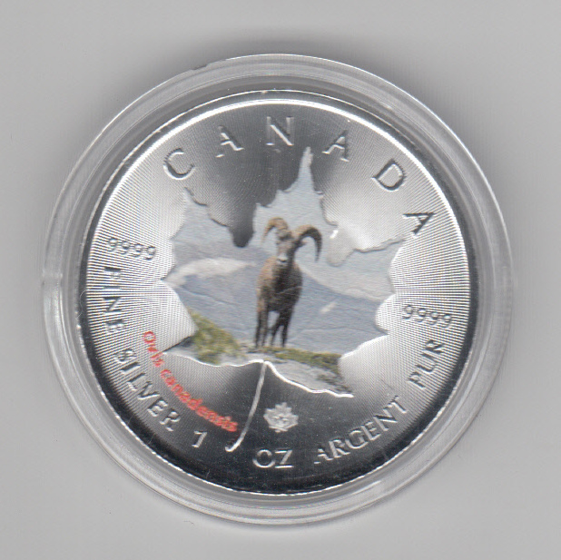  Kanada, Maple Leaf Wildlife 2014, 5 Dollar Dickhornschaf, Color, Farbe, 1 unze oz Silber   