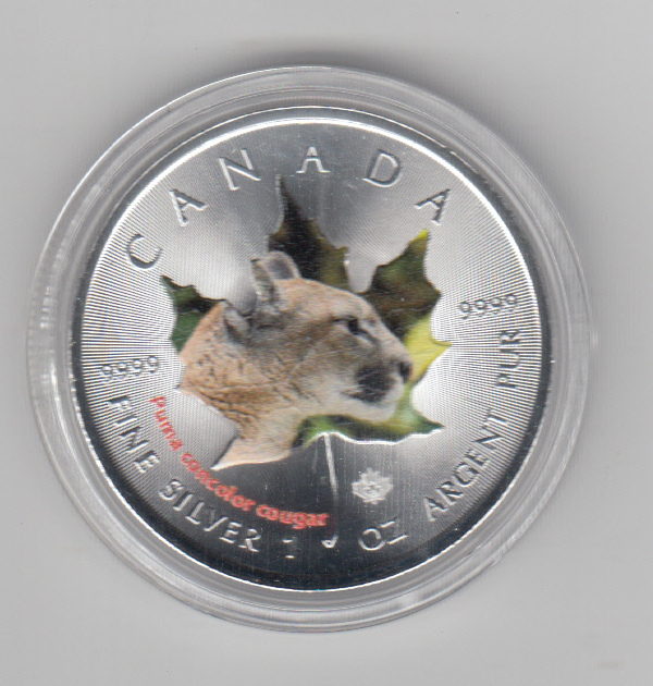  Kanada, Maple Leaf Wildlife 2014, 5 Dollar Puma, Color, Farbe, 1 unze oz Silber   