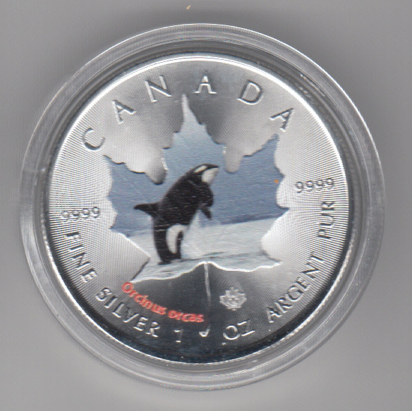 Kanada, Maple Leaf Wildlife 2014, 5 Dollar Orcawal, Color, Farbe, 1 unze oz Silber   