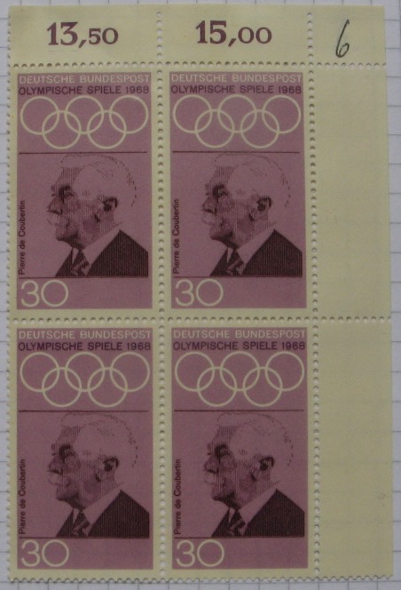  1968, Deutschland, Briefmarke: P. Coubertin, 4*30 Pf, Mi DE 566, 4er Block, postfrisch   