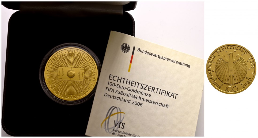 PEUS 1729 BRD 15,55 g Feingold. Fußball WM 2006 MIT Etui und Zertifikat 100 Euro GOLD 2005 D München Stempelglanz (Kapsel)