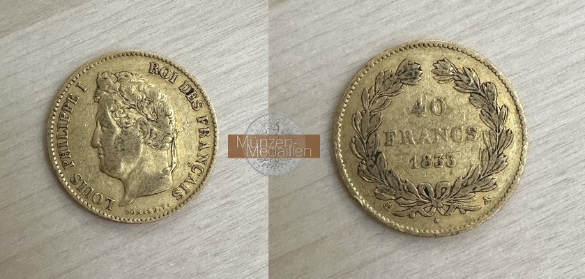 Frankreich, Louis Phillipe 1830-1848 MM-Frankfurt  Feingold: 11,62g 40 Francs 1833 A 