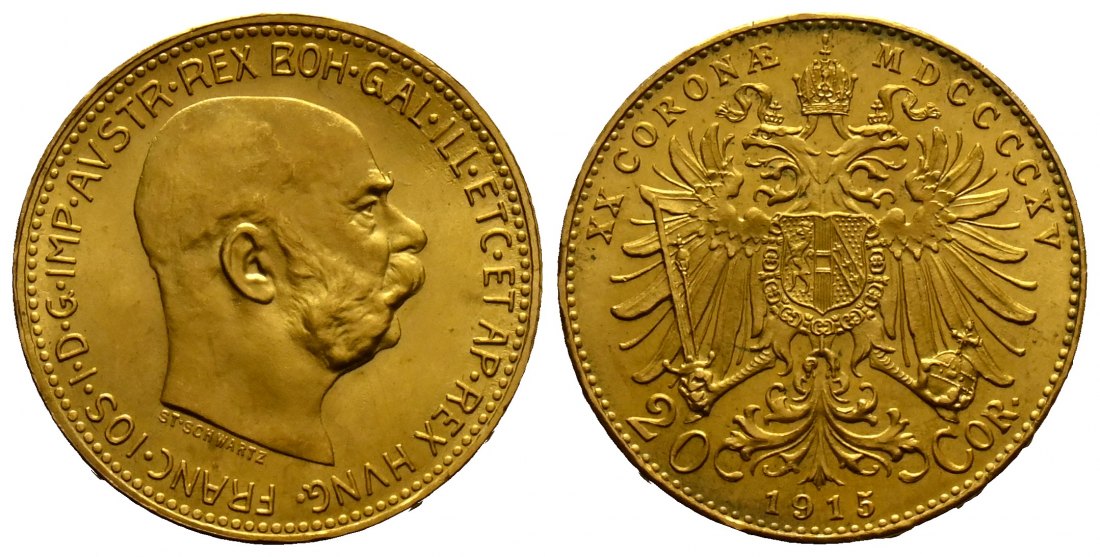 PEUS 1739 Österreich 6,1 g Feingold. Franz Joseph I. (1848 - 1916) 20 Kronen (off.NP) GOLD 1915 Stempelglanz