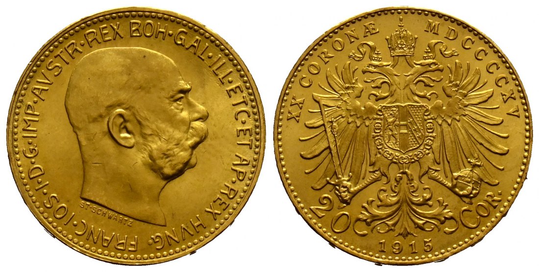 PEUS 1740 Österreich 6,1 g Feingold. Franz Joseph I. (1848 - 1916) 20 Kronen (off.NP) GOLD 1915 Stempelglanz