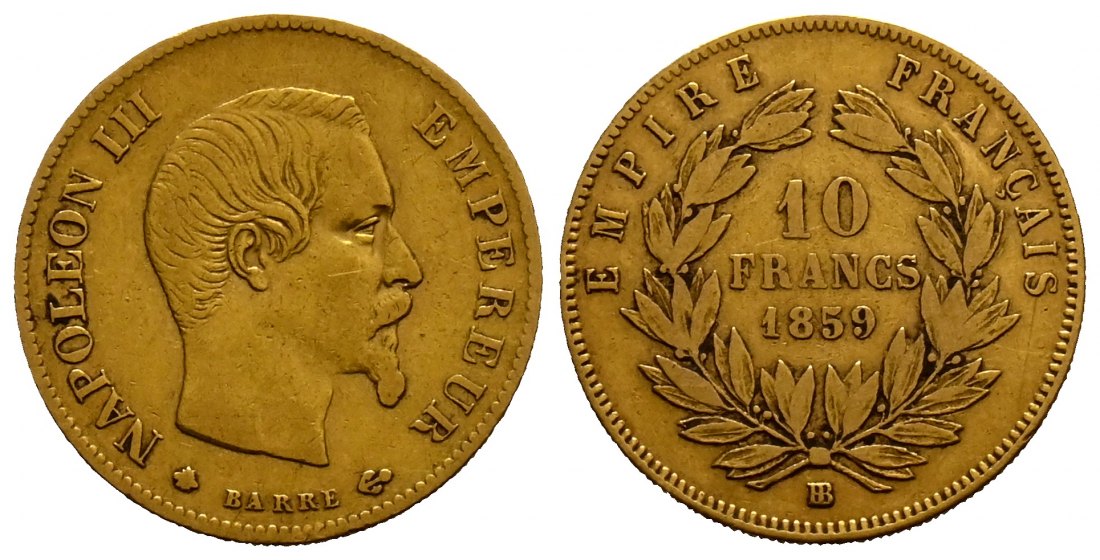 PEUS 1743 Frankreich 2,90 g Feingold. Napoleon III. (1852-1870) 10 Francs GOLD 1859 BB Straßbur Sehr schön