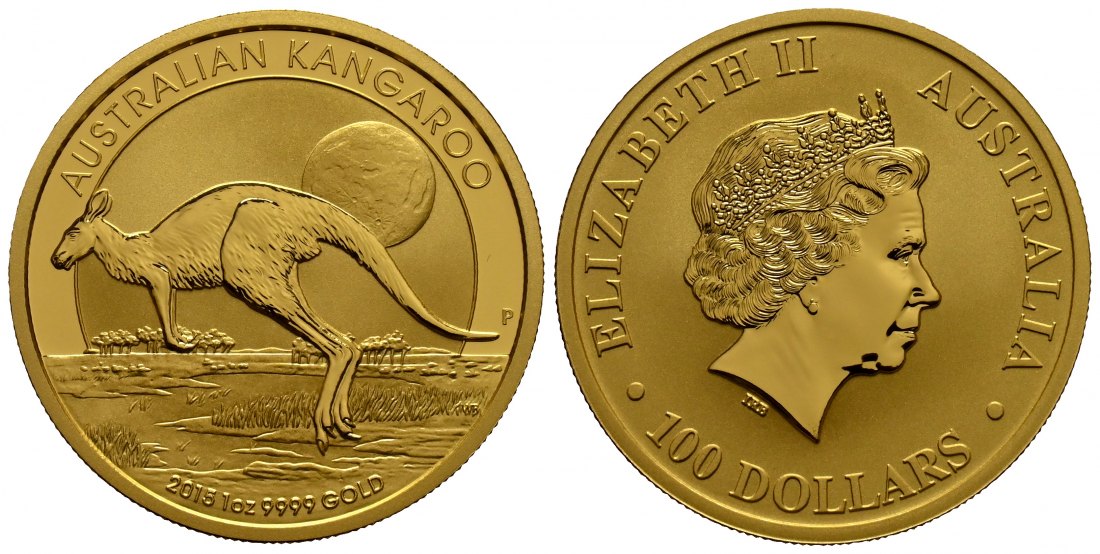 PEUS 1749 Australien 31,1 g Feingold. Hüpfendes Känguru nach links 100 Dollars GOLD Unze 2015P Uncirculated (Kapsel)