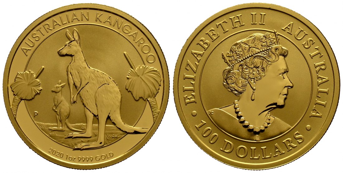 PEUS 1752 Australien 31,1 g Feingold. Kängurus nach links 100 Dollars GOLD Unze 2020P Uncirculated (Kapsel)