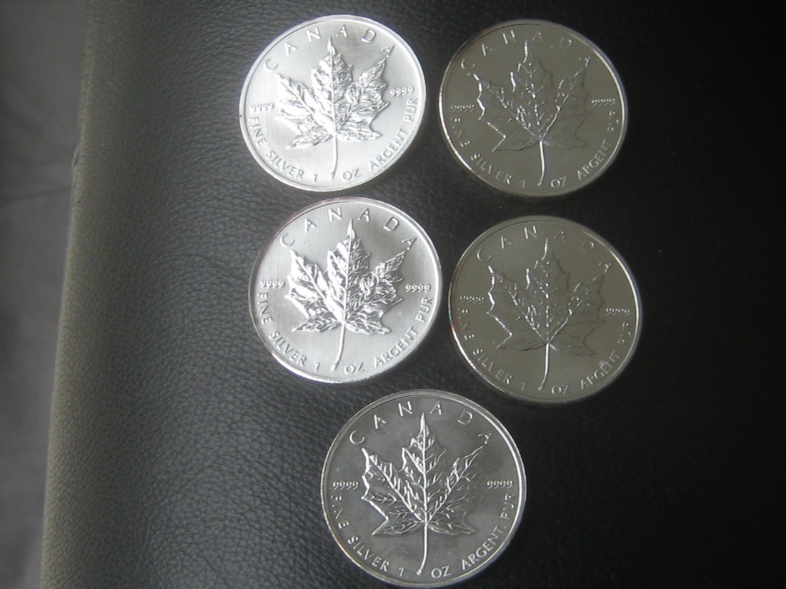  5 x 1 Unze Silber Kanada 2011; 5 Dollars - Elizabeth II.; 31,1 Gramm Silber   
