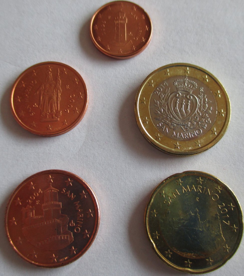  San Marino  1, 2, 5 + 20 Cent und 1 Euro aus 2006/14/17 sehr schön bis vorzüglich   