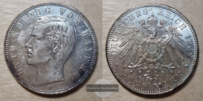  Deutsches Kaiserreich, Bayern.  5 Mark 1908 D   FM-Frankfurt  Feinsilber: 25g   