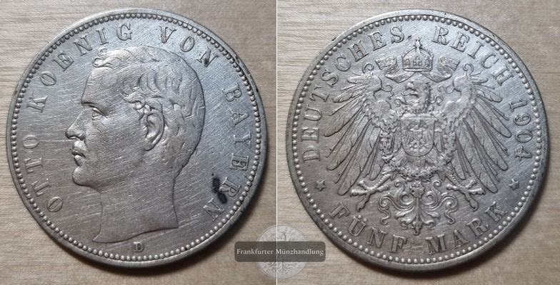  Deutsches Kaiserreich, Bayern.  5 Mark 1904 D   FM-Frankfurt  Feinsilber: 25g   