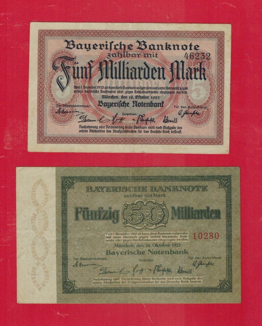  Weimarer Republik, Länderbanknoten – BAY-18+19 - 5+50 Mrd. Mark 1923 -selten- gebraucht   
