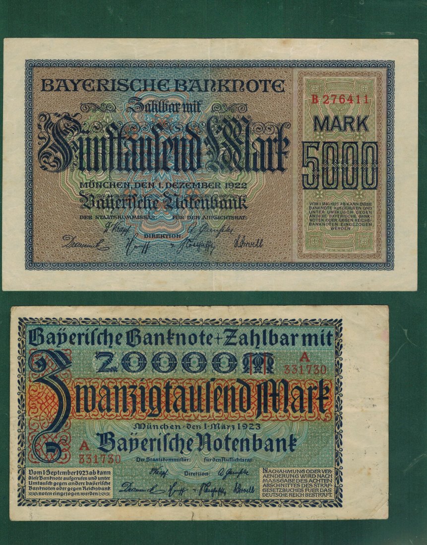  Weimarer Republik, Länderbanknoten – LOT-BAY-06,07,08,09 - 5000 - 100.000 Mark 1923 - gebraucht   