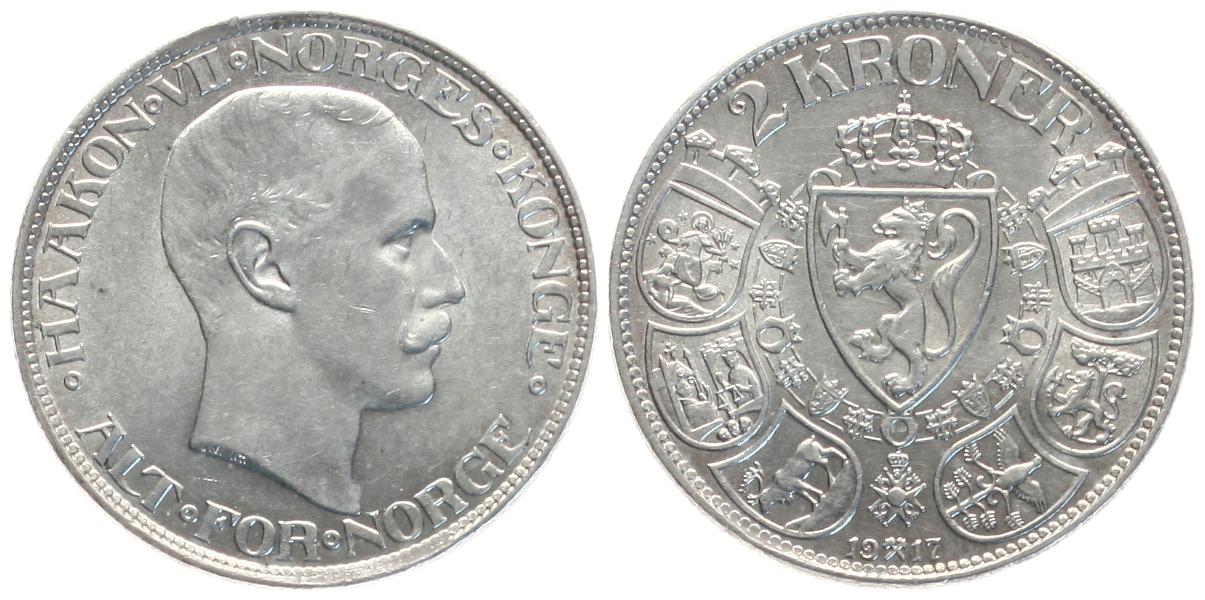  Norwegen: Håkon VII., 2 Kroner 1917, 15 gr. 800 er Silber in TOP-ERHALTUNG, siehe Bilder!!   