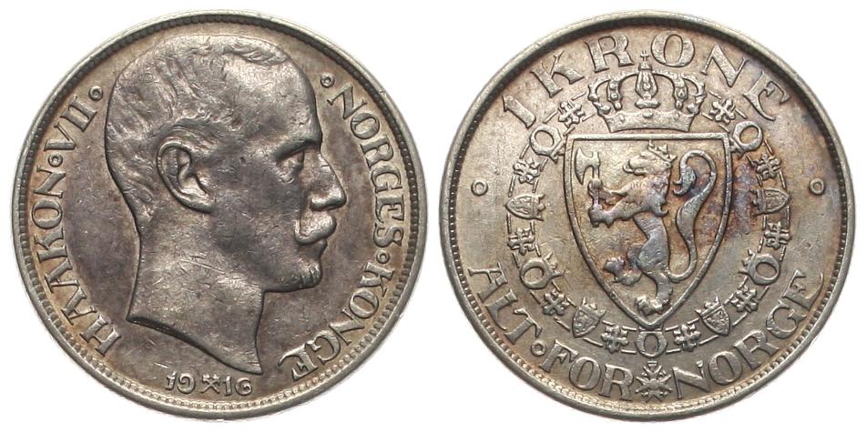  Norwegen: Håkon VII., 1 Krone 1916, 7,5 gr. 800 er Silber, schöne Patina, TOP-Erhaltung!   