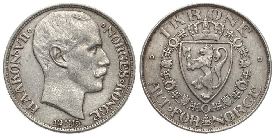 Norwegen: Håkon VII., 1 Krone 1915, 7,5 gr. 800 er Silber, schöne Patina, TOP-Erhaltung!   