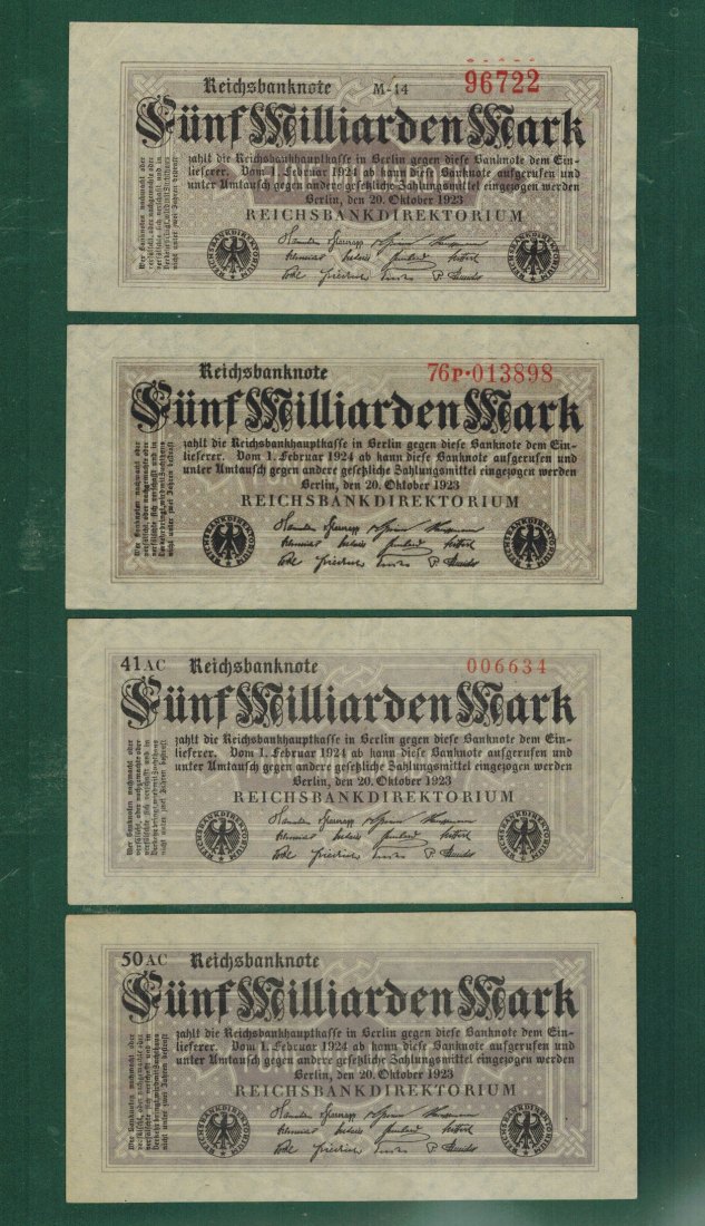  Weimarer Republik, Reichsbanknoten – LOT 4xDEU-145b-e - 5 Mrd. Mark 1923 - gebraucht   