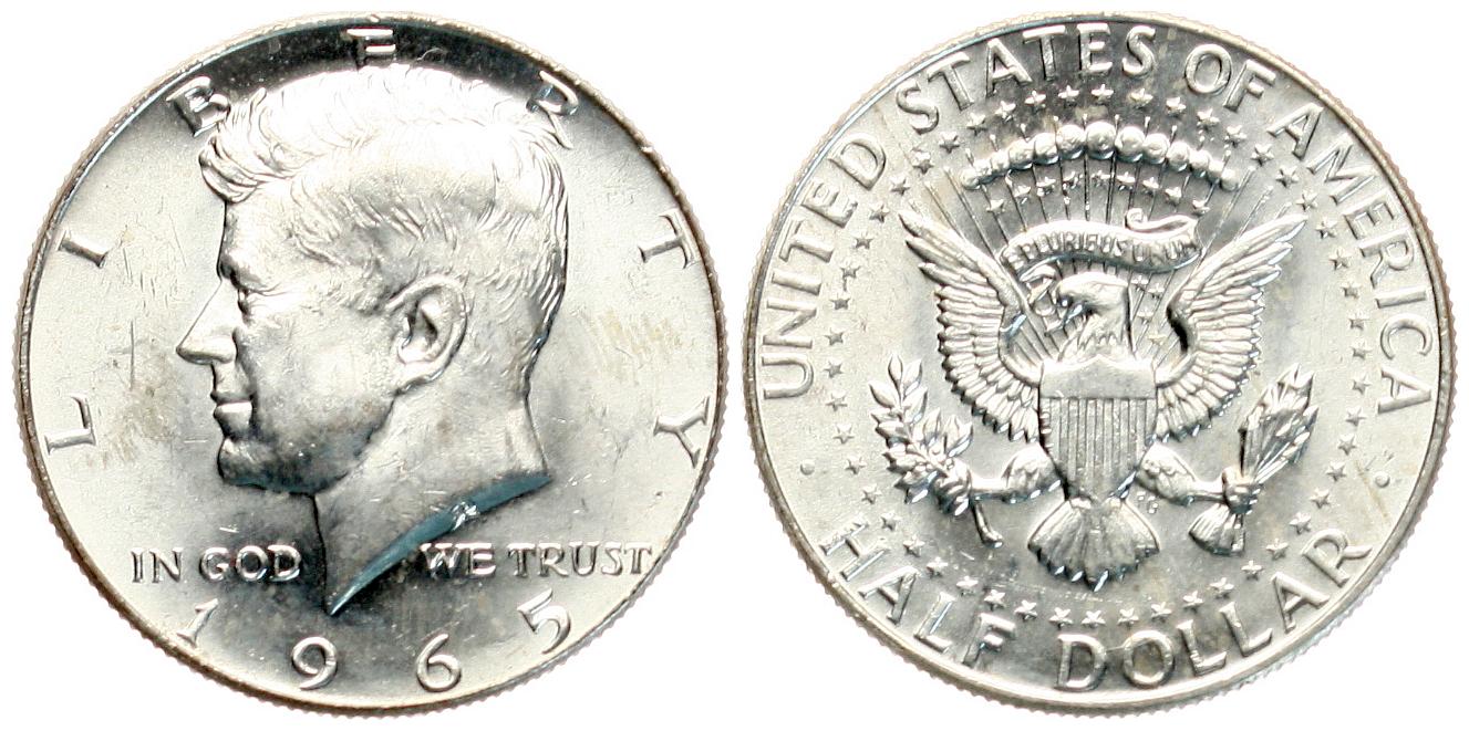  USA: 1/2 Dollar 1965, Kennedy, Silber 11,27 gr. (400er), Erhaltung!   