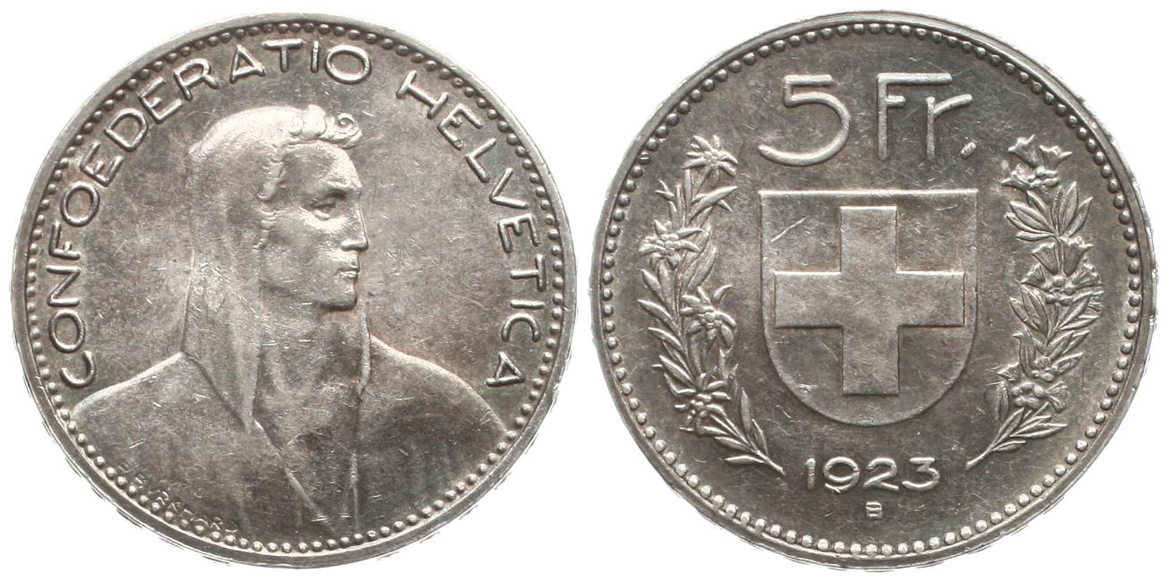  Schweiz: 5 Franken 1923, KM# 37, 25 gr. 900er Silber, besserer Typ!, Wunderbare Patina!!   