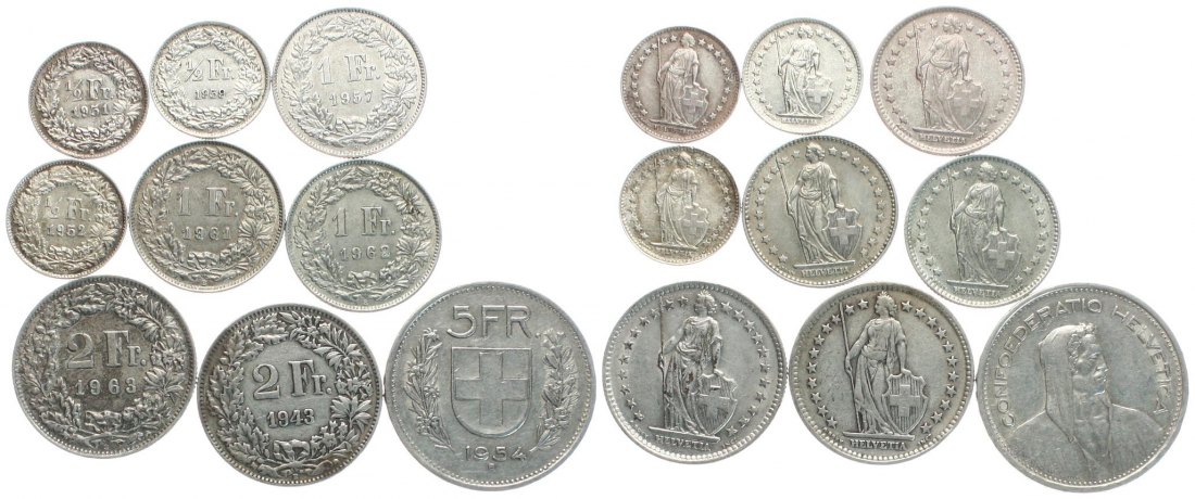  Schweiz: Wertvolles Silberlot von 9 Münzen ab 1943, siehe Bilder, 57,5 gr. Brutto, 48,01 gr. fein!   