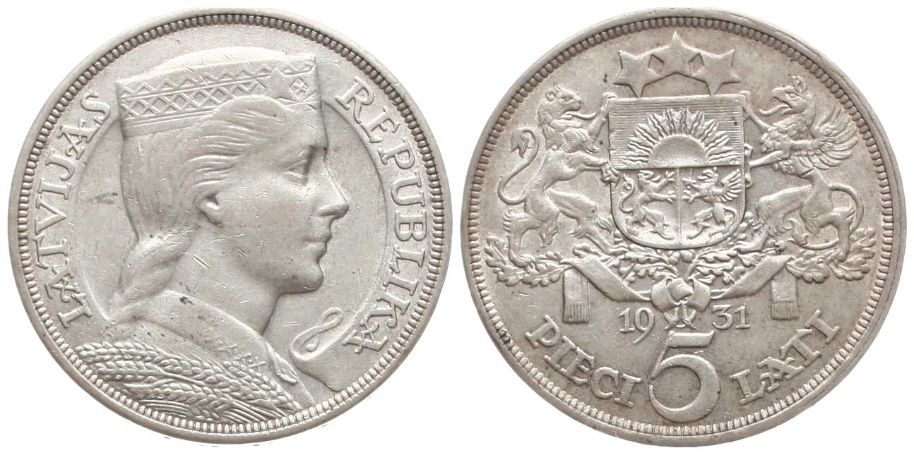  Latvia/Lettland: 5 Lati 1931, 24,91 gr. Silber (835 er), schöne Patina, siehe Bilder! Erhaltung!!   