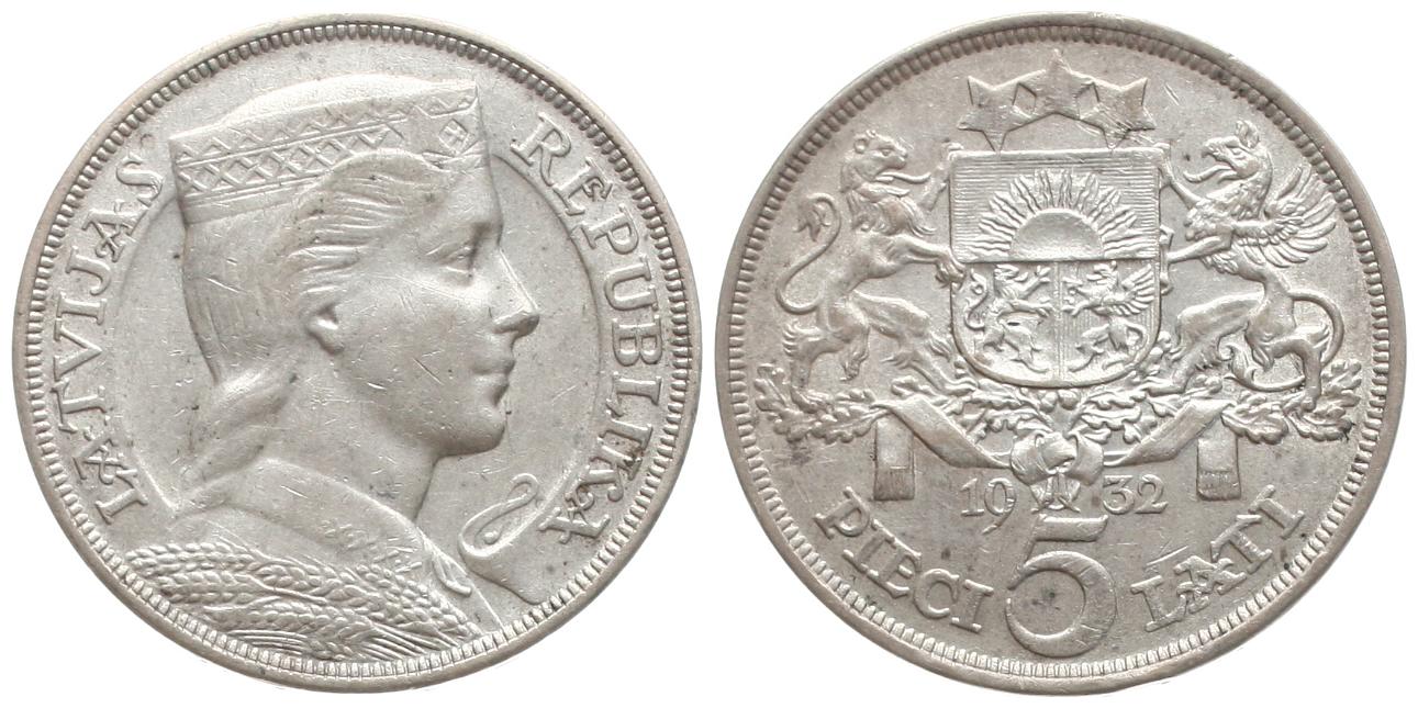  Latvia/Lettland: 5 Lati 1932, 24,91 gr. Silber (835 er), schöne Patina, siehe Bilder! Erhaltung!!   