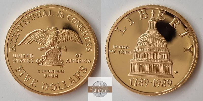 USA  5 Dollar MM-Frankfurt Feingold: 7,5231g  1989 W 