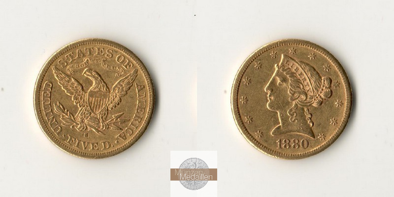 USA  5 Dollar MM-Frankfurt   Feingold: 7,52g Half Eagle 1880 S 