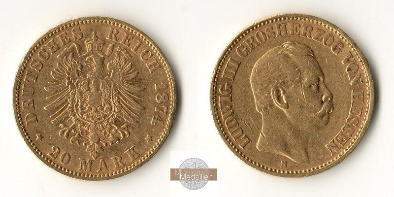 Hessen, Kaiserreich  20 Mark MM-Frankfurt Feingold: 7,17g Ludwig III. 1874 H 