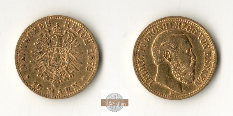 Hessen, Kaiserreich  10 Mark  1878 H MM-Frankfurt Feingold: 3,58g Ludwig IV. 1877-1892  