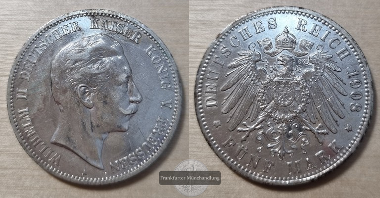  Deutsches Kaiserreich. Preussen, Wilhelm II. 1888-1918.  5 Mark 1908 A  FM-Frankfurt Feinsilber: 25g   