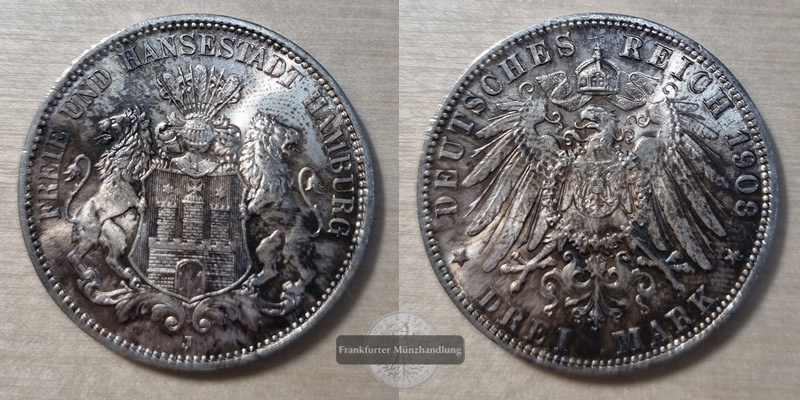  Deutsches Kaiserreich. Hamburg, 1871-1918.  3 Mark 1908 J  FM-Frankfurt Feinsilber: 15g   