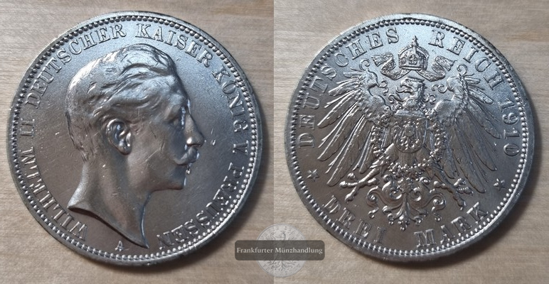  Deutsches Kaiserreich. Preussen, Wilhelm II. 1888-1918.  3 Mark 1910 A  FM-Frankfurt Feinsilber: 15g   