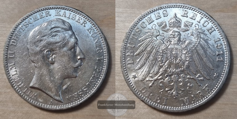  Deutsches Kaiserreich. Preussen, Wilhelm II. 1888-1918.  3 Mark 1911 A  FM-Frankfurt Feinsilber: 15g   