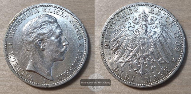  Deutsches Kaiserreich. Preussen, Wilhelm II. 1888-1918.  3 Mark 1909 A  FM-Frankfurt Feinsilber: 15g   