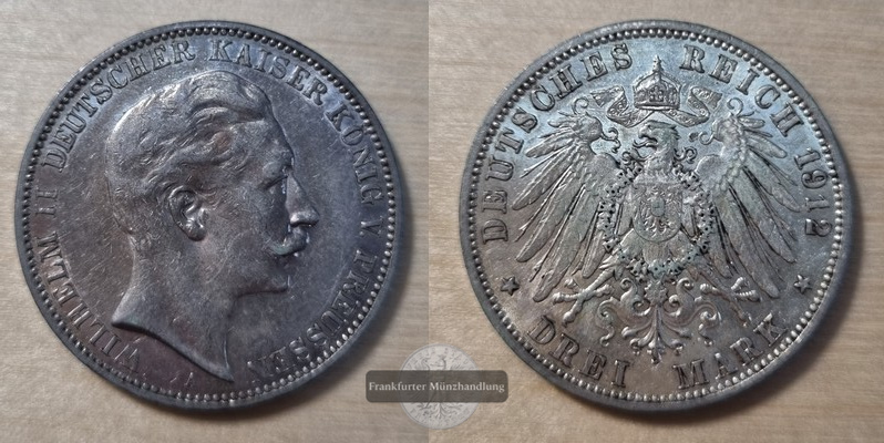  Deutsches Kaiserreich. Preussen, Wilhelm II. 1888-1918.  3 Mark 1912 A  FM-Frankfurt Feinsilber: 15g   
