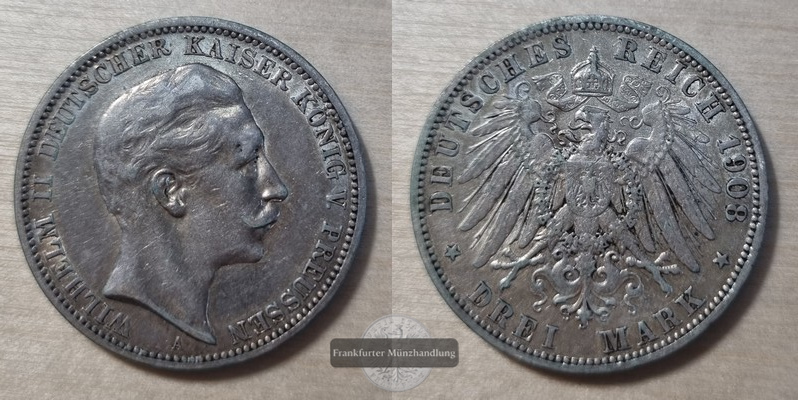  Deutsches Kaiserreich. Preussen, Wilhelm II. 1888-1918.  3 Mark 1908 A  FM-Frankfurt Feinsilber: 15g   