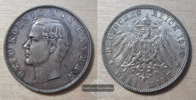  Deutsches Kaiserreich. Bayern, Otto 1888-1918.  3 Mark 1910 D  FM-Frankfurt Feinsilber: 15g   