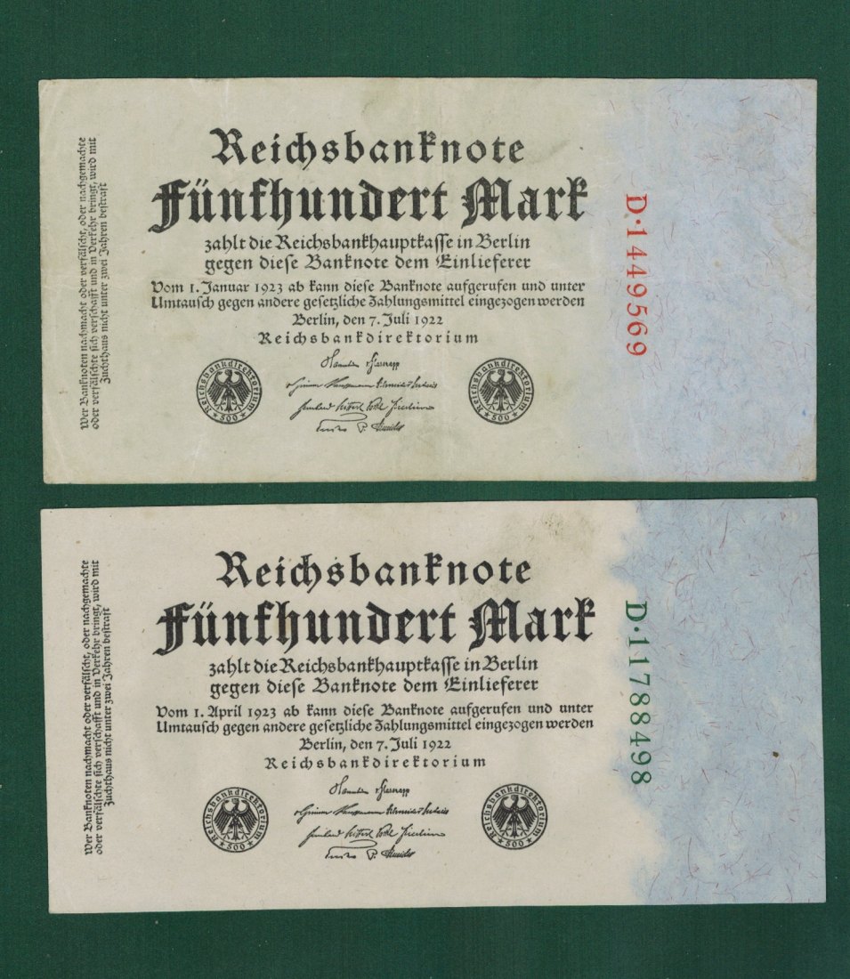  Weimarer Republik, Reichsbanknoten – LOT 2x 500 Mark 1922 DEU-81 + 82b - gebraucht   